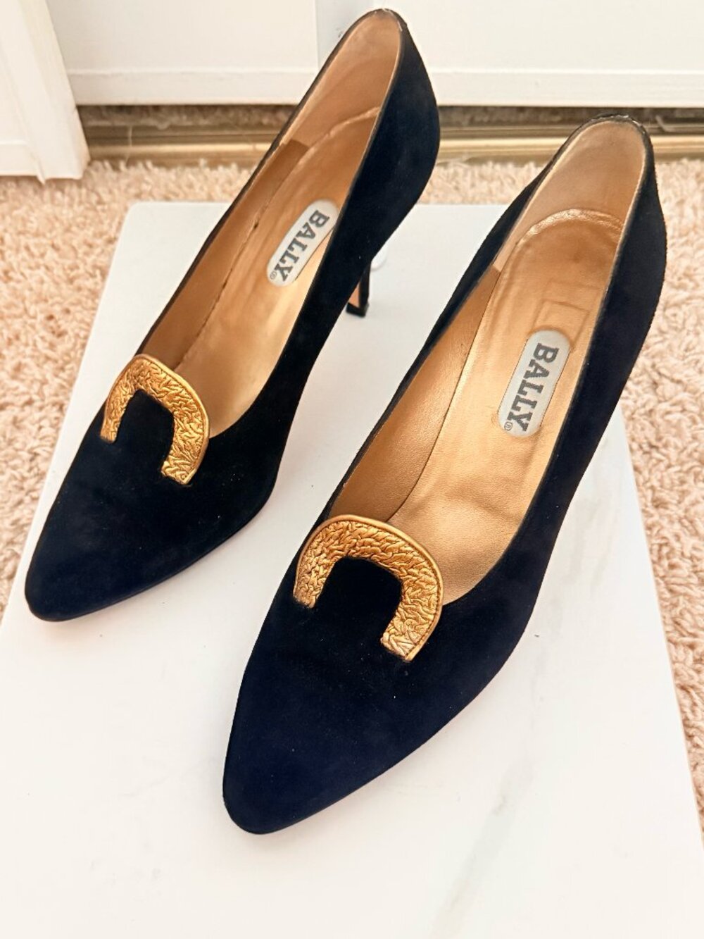 Old Money 80's Bally Suede Heels with Braided Gold Leather Vamp